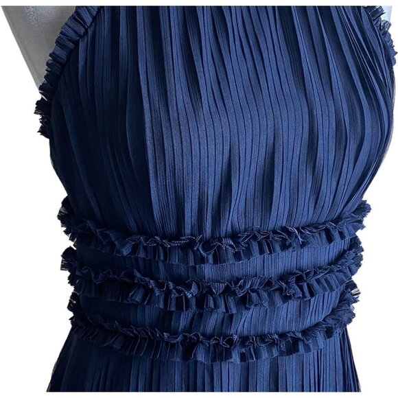 JS Collections Dark Blue Pleated Mesh Halter Maxi Gown Formal Prom Women's Sz 6 - Picture 7 of 13